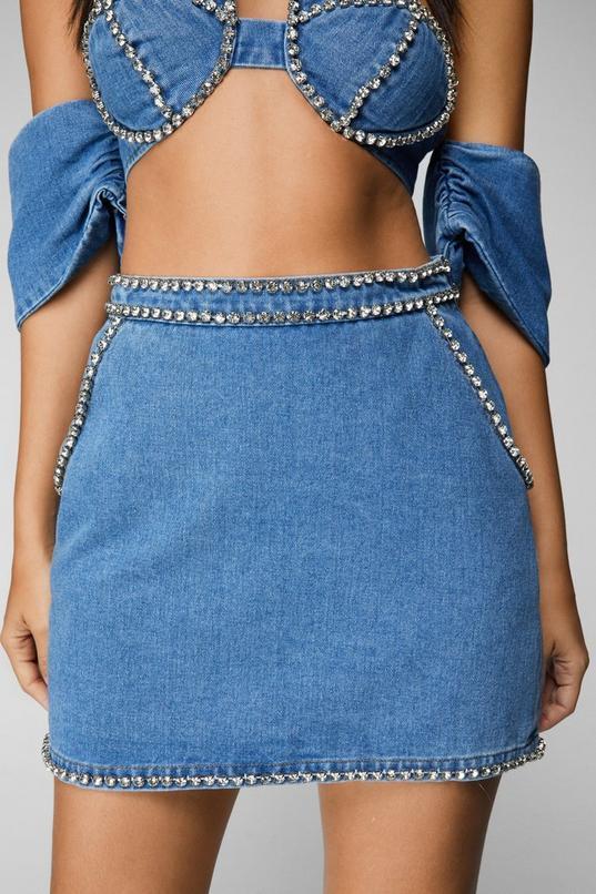 Denim Diamante Trim Mini Skirt Product Image