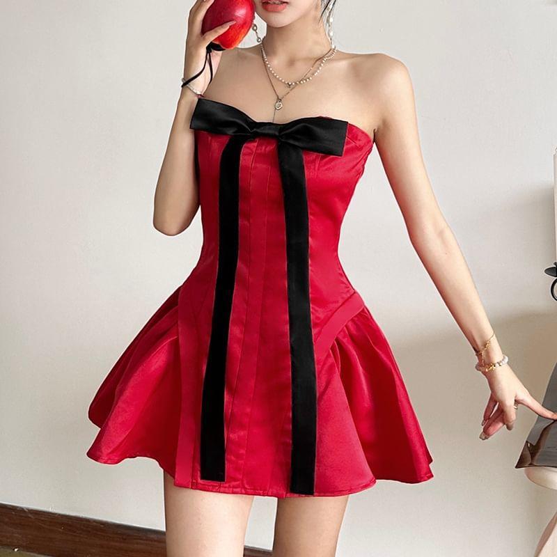 Bow Panel Satin Mini A-Line Tube Dress Product Image