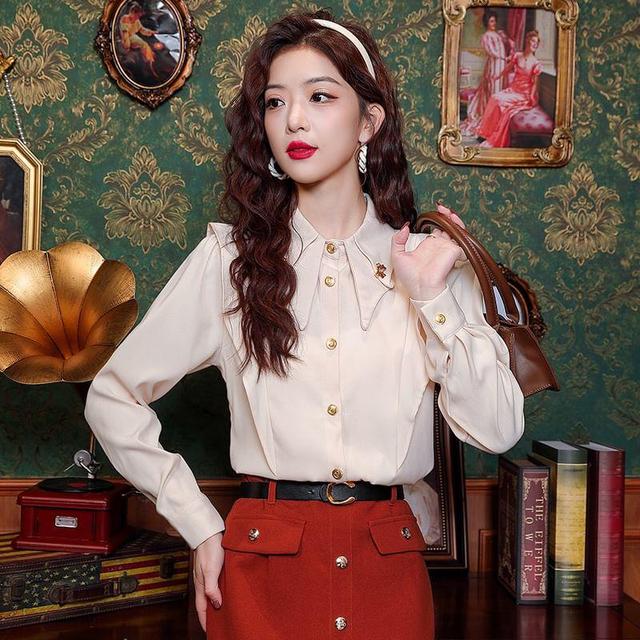 Long-Sleeve Ruffle Plain Shirt Product Image