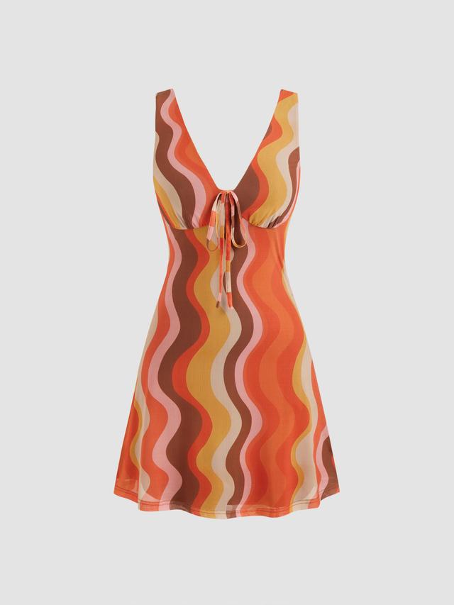 Mesh V-neck Abstract Wave Knotted Mini Dress Product Image