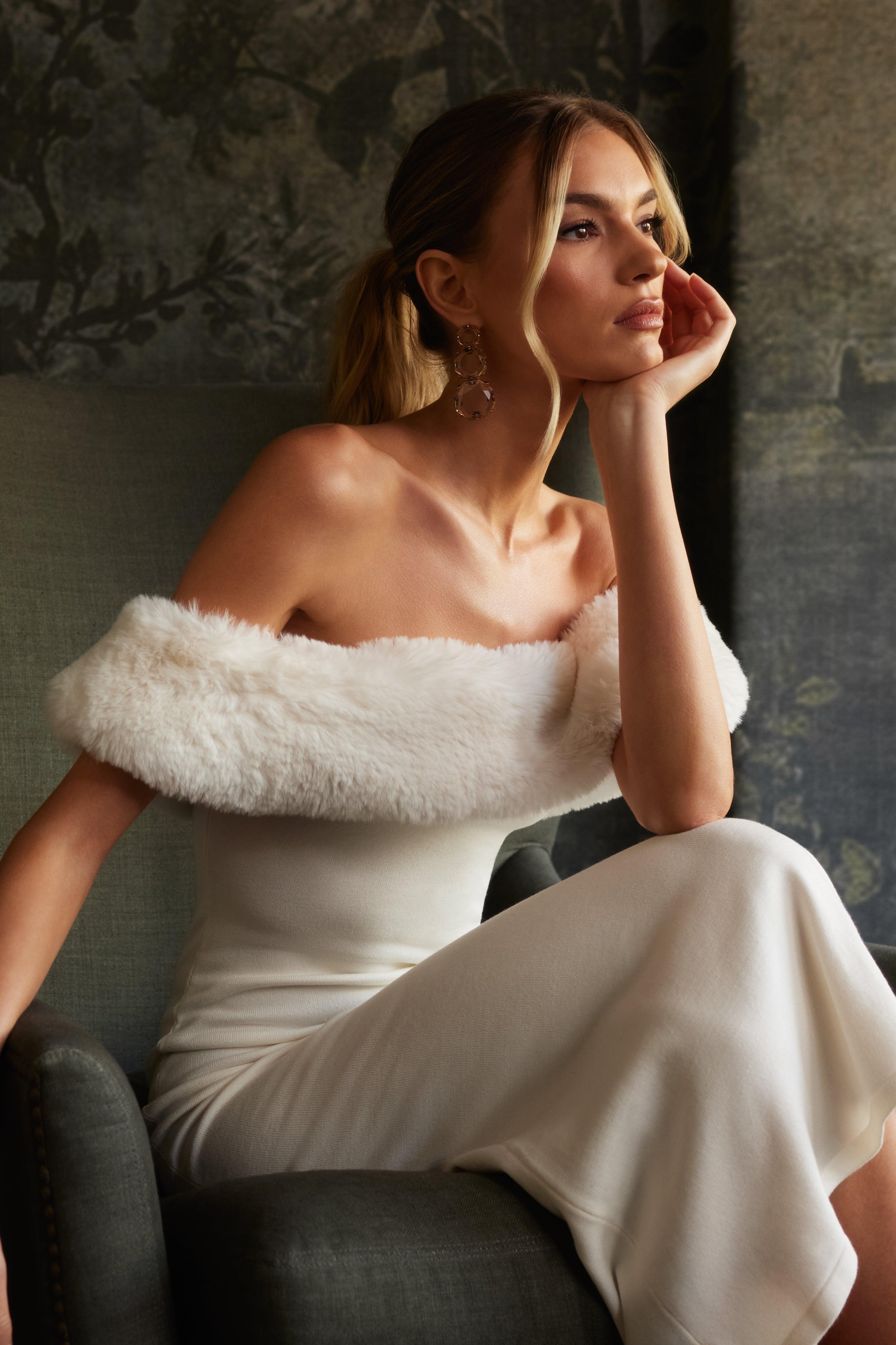 Angelica Off Shoulder Knit Midi Dress With Faux Fur - Ivory Product Image