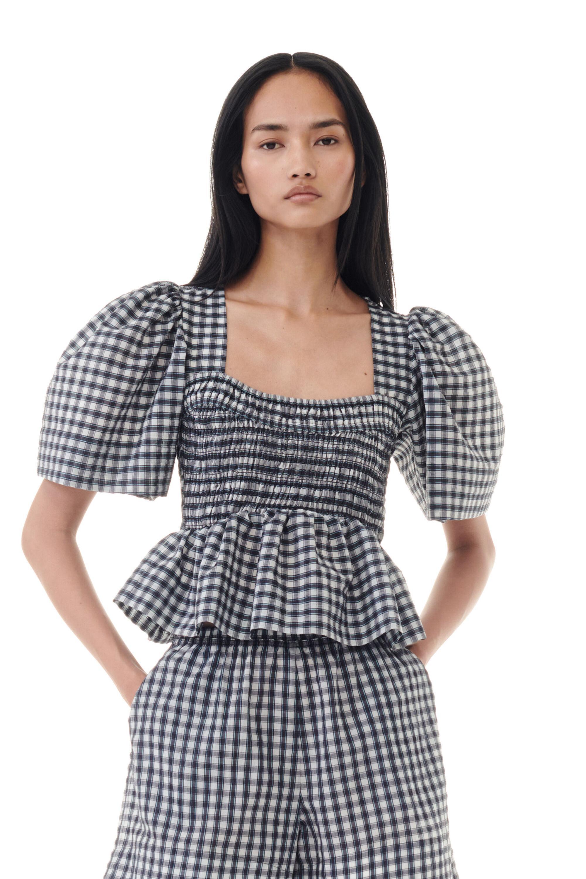 Seersucker Check Open-neck Smock Blouse product image