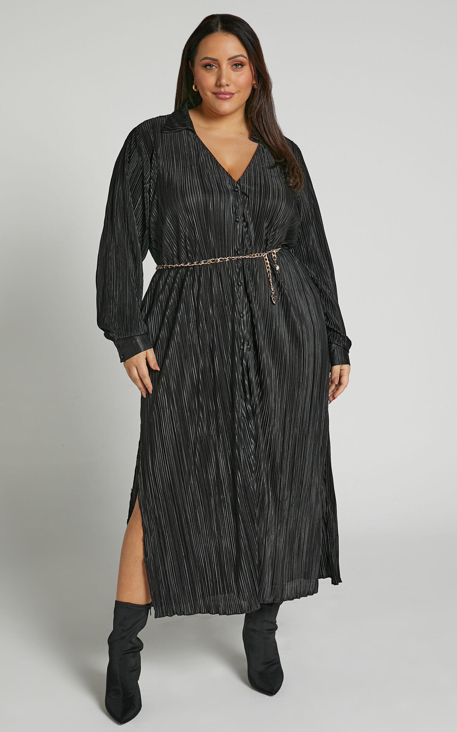 Donelli Midi Dress - Plisse Oversized Collared Shirt Dress in Black Product Image