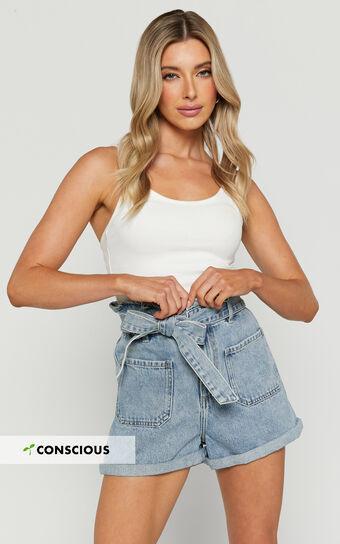 Amber Shorts - Recycled Cotton Denim Shorts with Paper Bag Waist in Light Blue Wash Product Image