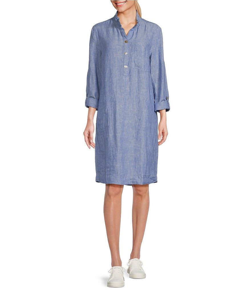 John Mark Linen Point Collar Roll Tab Sleeve Dress Product Image