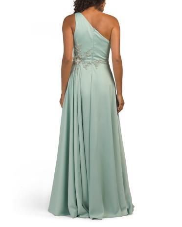 One Shoulder Satin Drape Gown With Floral Waist for Women | Polyester Product Image