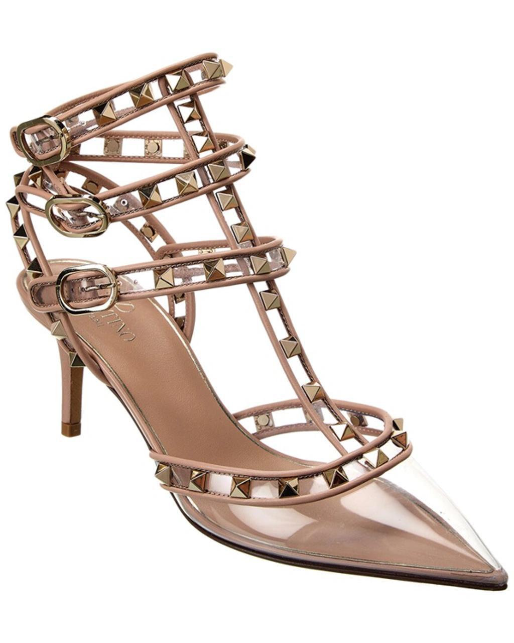 Rockstud Caged 65 Leather & Vinyl Ankle Strap Pump In Brown Product Image