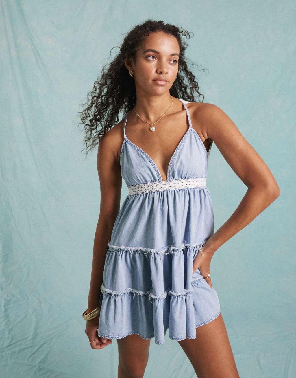 Miss Selfridge denim tiered lace insert mini dress in blue acid wash Product Image