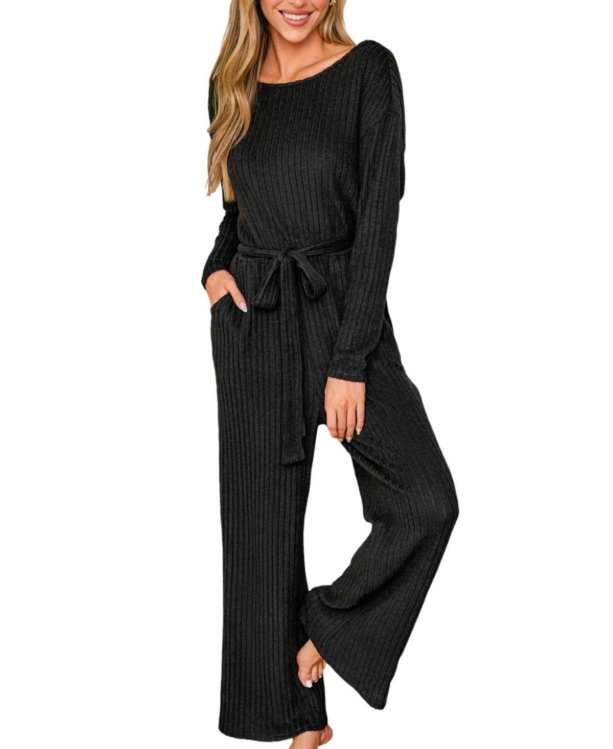 Cupshe Womens Black Long Sleeve Back Button Straight Leg Jumpsuit Product Image