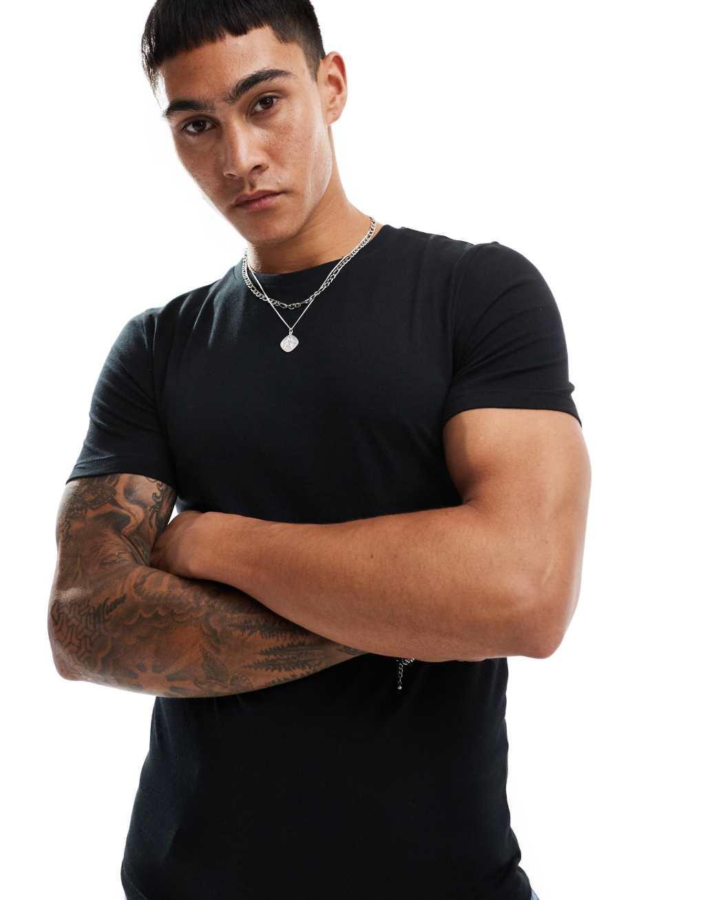 ASOS DESIGN 2 pack muscle fit T-shirts in black and oatmeal heather Product Image