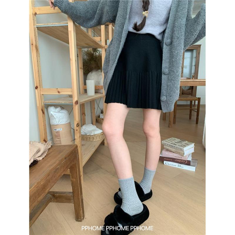 High Waist Plain Pleated Knit Mini A-Line Skirt Product Image