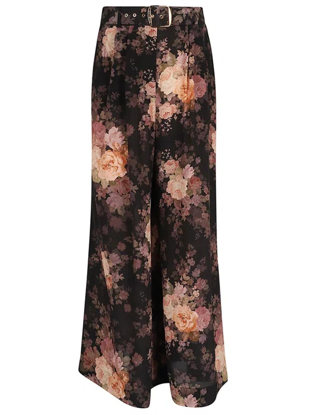 ZIMMERMANN Womens Black Rococo Floral Belted Wide-leg Silk Trousers In Multi Floral Product Image