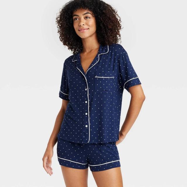 Womens Polka Dot Cloud Knit Short Sleeve Top and Shorts Pajama Set - Auden Navy Blue XL Product Image