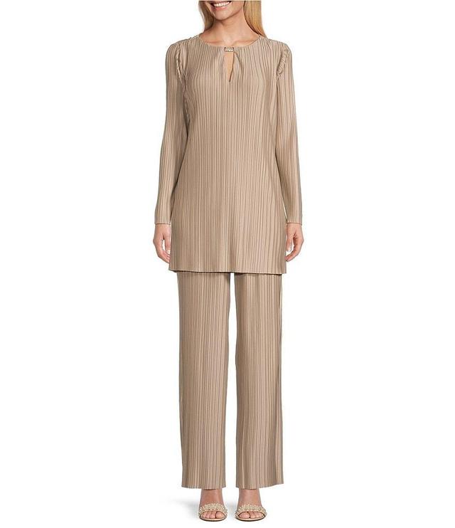 Marina Long Sleeve Keyhole Neck Pleated Knit 2-Piece Pant Set Product Image