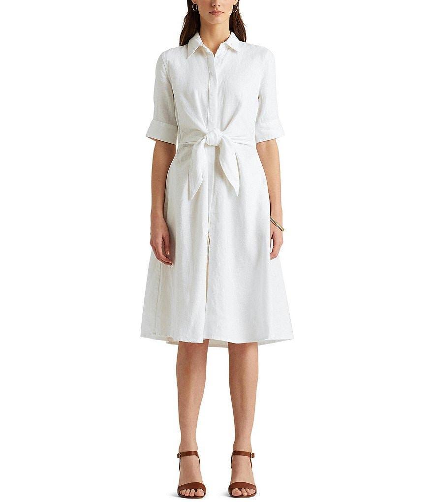 Lauren Ralph Lauren Linen Short Sleeve Button Down Self Tie Waist Shirt Dress Product Image