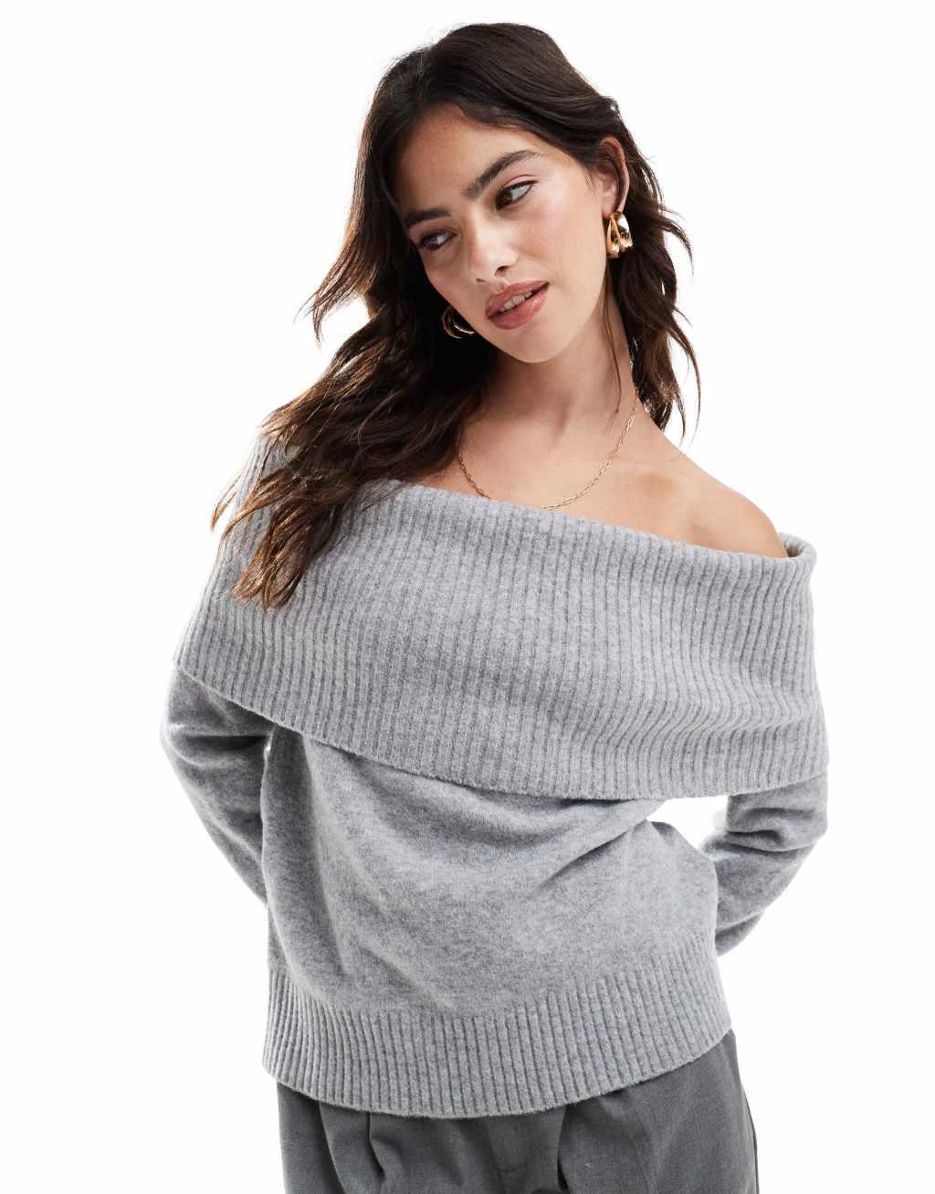 Pull&Bear oversized bardot knit sweater in soft gray Product Image