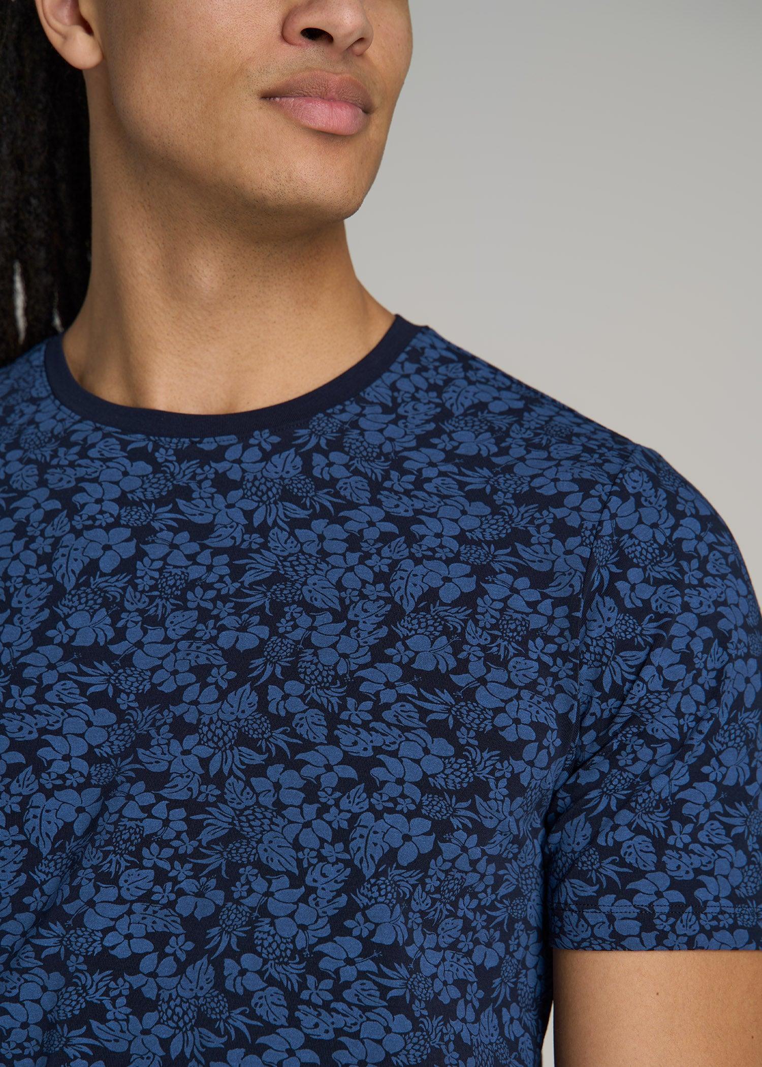 Stretch Pima Cotton Printed Tee for Tall Men in Blue Hibiscus Product Image