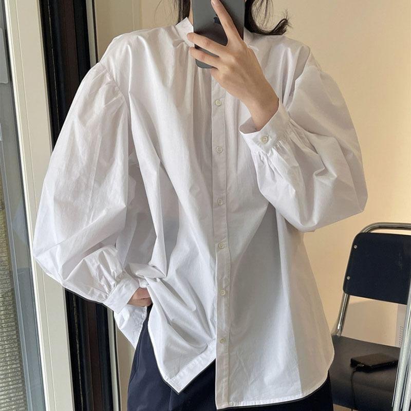 Puff-Sleeve Plain Button-Up Shirt Product Image