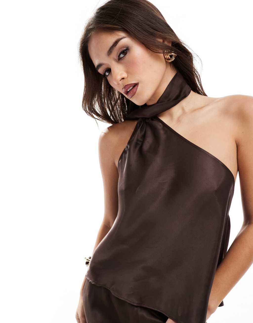 ASOS DESIGN satin scarf neck top in chocolate - part of a set Product Image