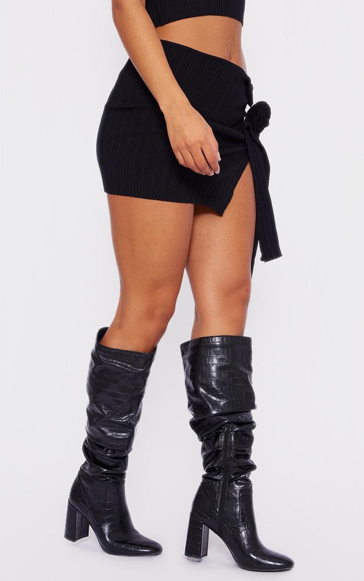 Black Pu Croc Round Toe Ruched Knee High Boots Product Image