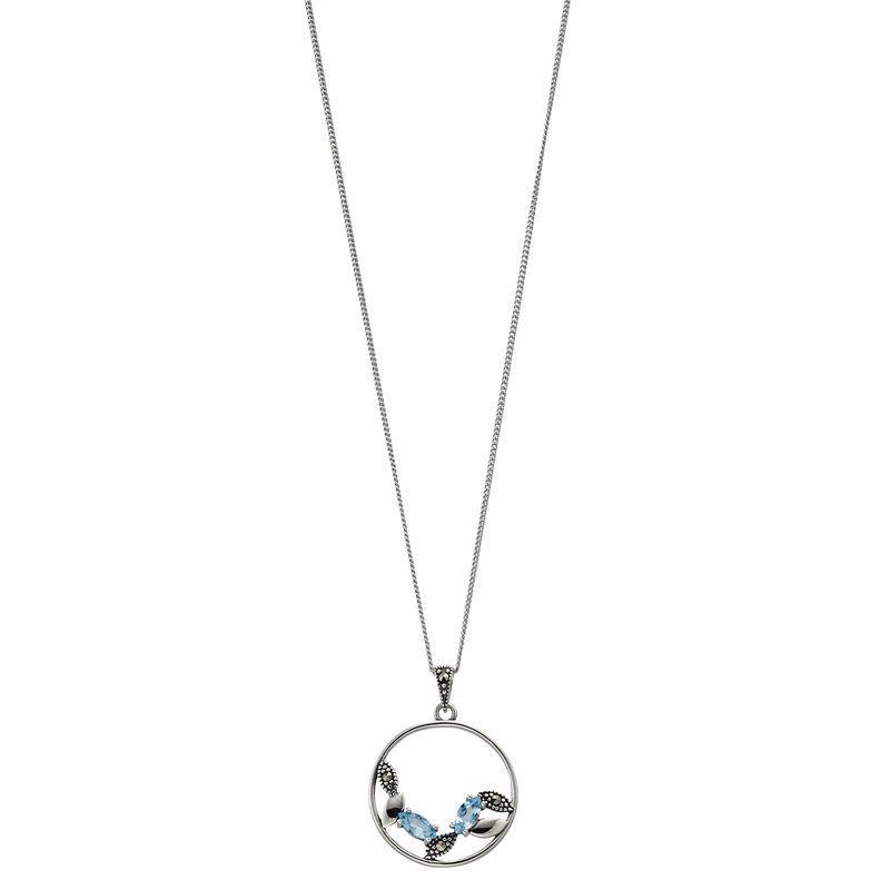 Tori Hill Sterling Silver Blue Topaz & Marcasite Round Pendant Necklace, Womens Product Image