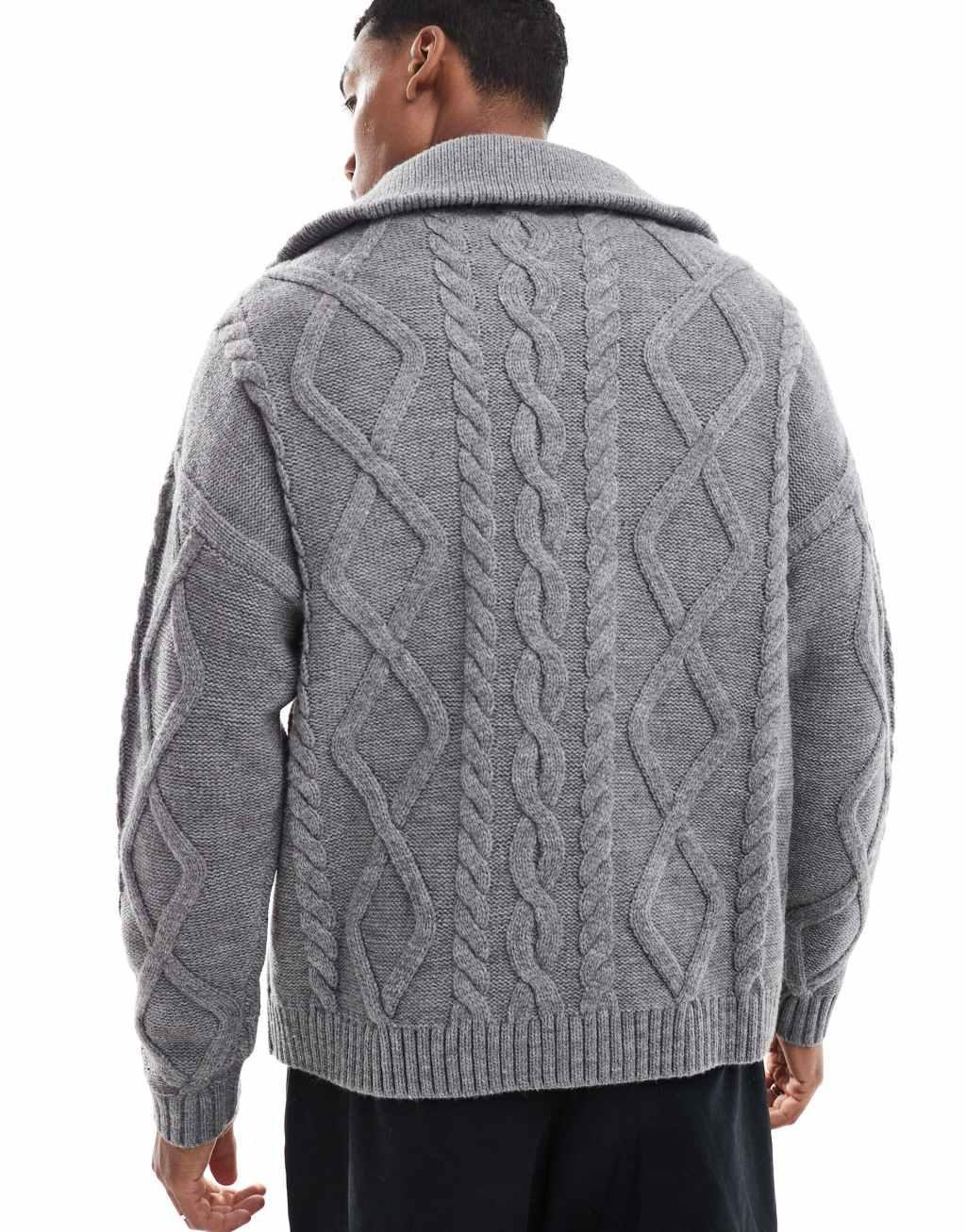 ASOS DESIGN oversized heavyweight knitted wool mix cable quarter zip sweater in gray Product Image