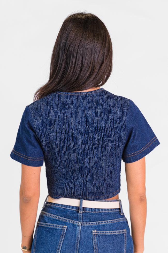 Little Details Dark Wash Denim Button Front Crop Blouse FINAL SALE Product Image