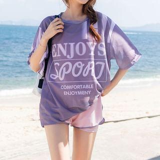 Set: Contrast Trim Tankini + Short-Sleeve Lettering Cover-Up Product Image