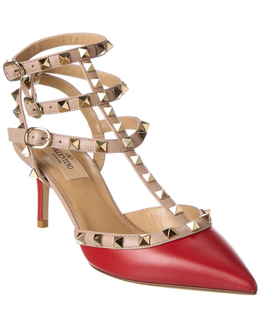 Rockstud Caged 65 Leather Ankle Strap Pump In Red Product Image