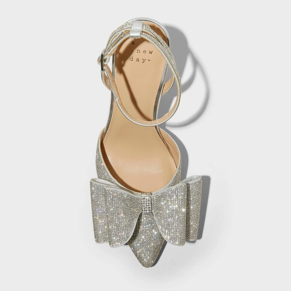 Womens Julia Rhinestone Bow Heels with Memory Foam Insole - A New Day Silver 7.5 Product Image