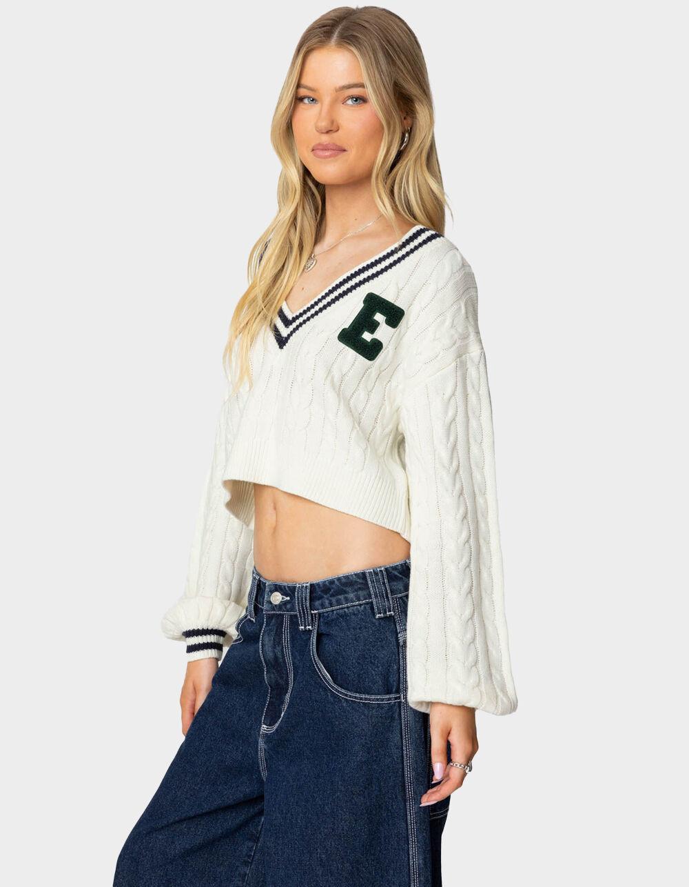 EDIKTED Collegiate Cropped Cable Knit Sweater Product Image