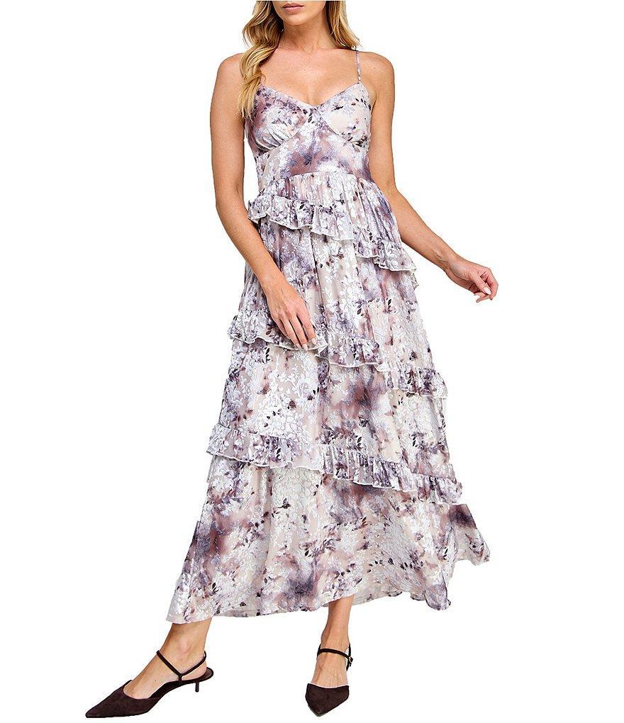 Layered With Love Ava Sweetheart Neck Printed Burnout Velvet Ruffle Maxi Dress Product Image