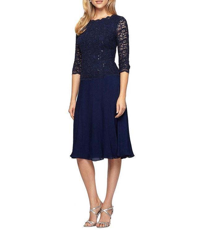 Alex Evenings Crew Neck 3/4 Sleeve Sequin Floral Lace Bodice Chiffon A-Line Midi Dress Product Image