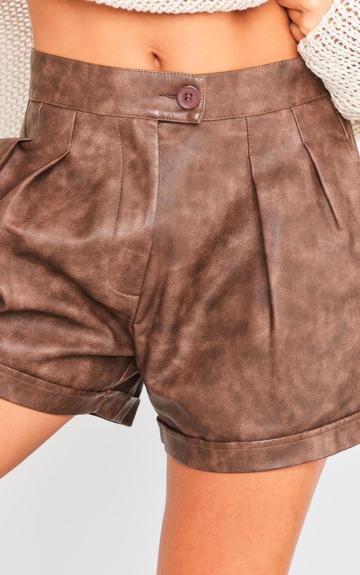 Premium Brown Washed Faux Leather Pleat Detail Shorts Product Image