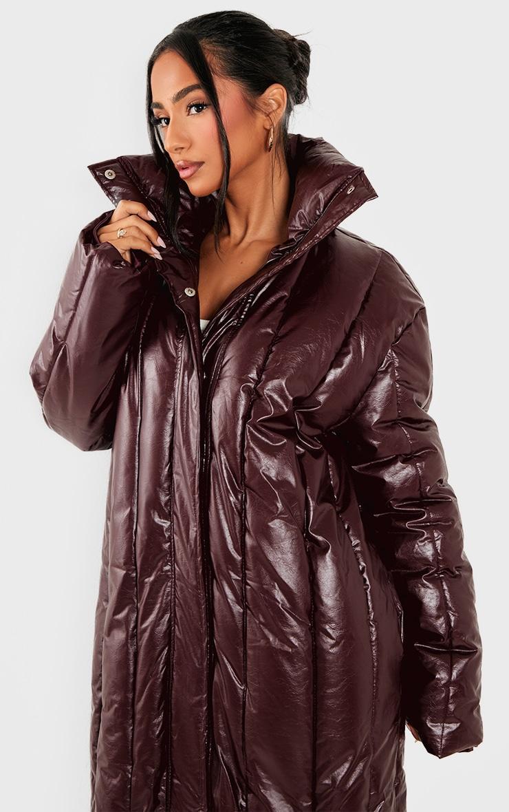 Petite Burgundy Shine High Neck Puffer Maxi Coat Product Image