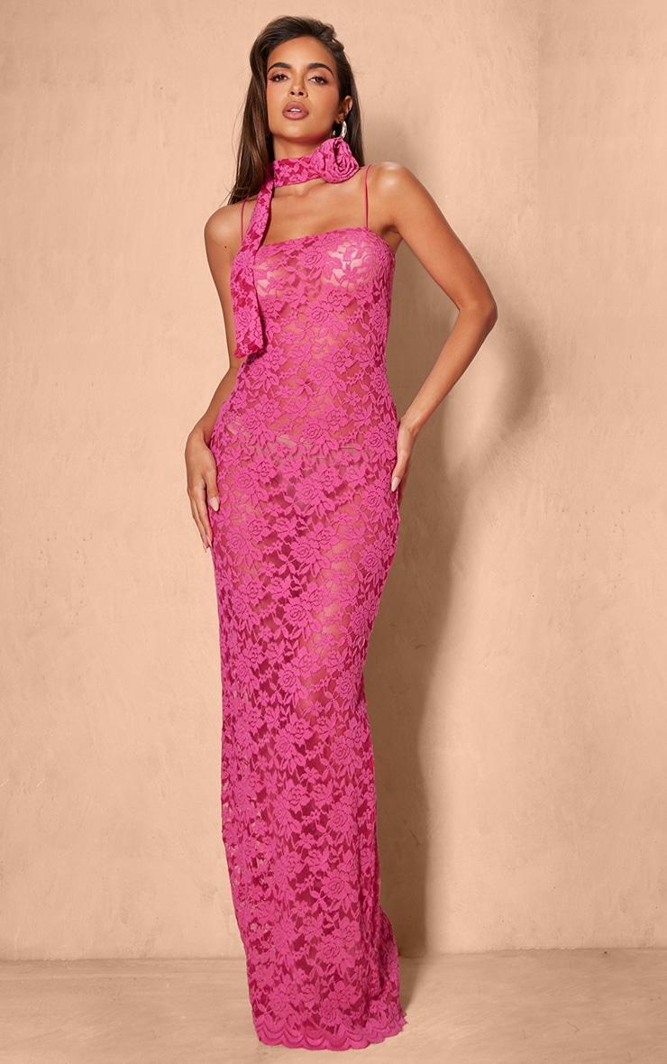 Hot Pink Lace Maxi Dress Product Image