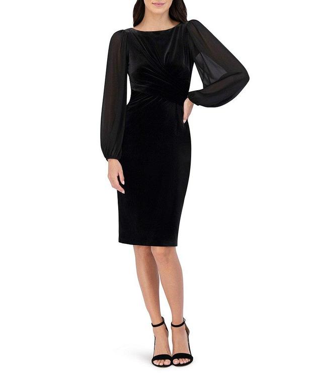 Vince Camuto Velvet Sheath Boat Neck Ruched Twist Front Long Sleeve Dress Product Image