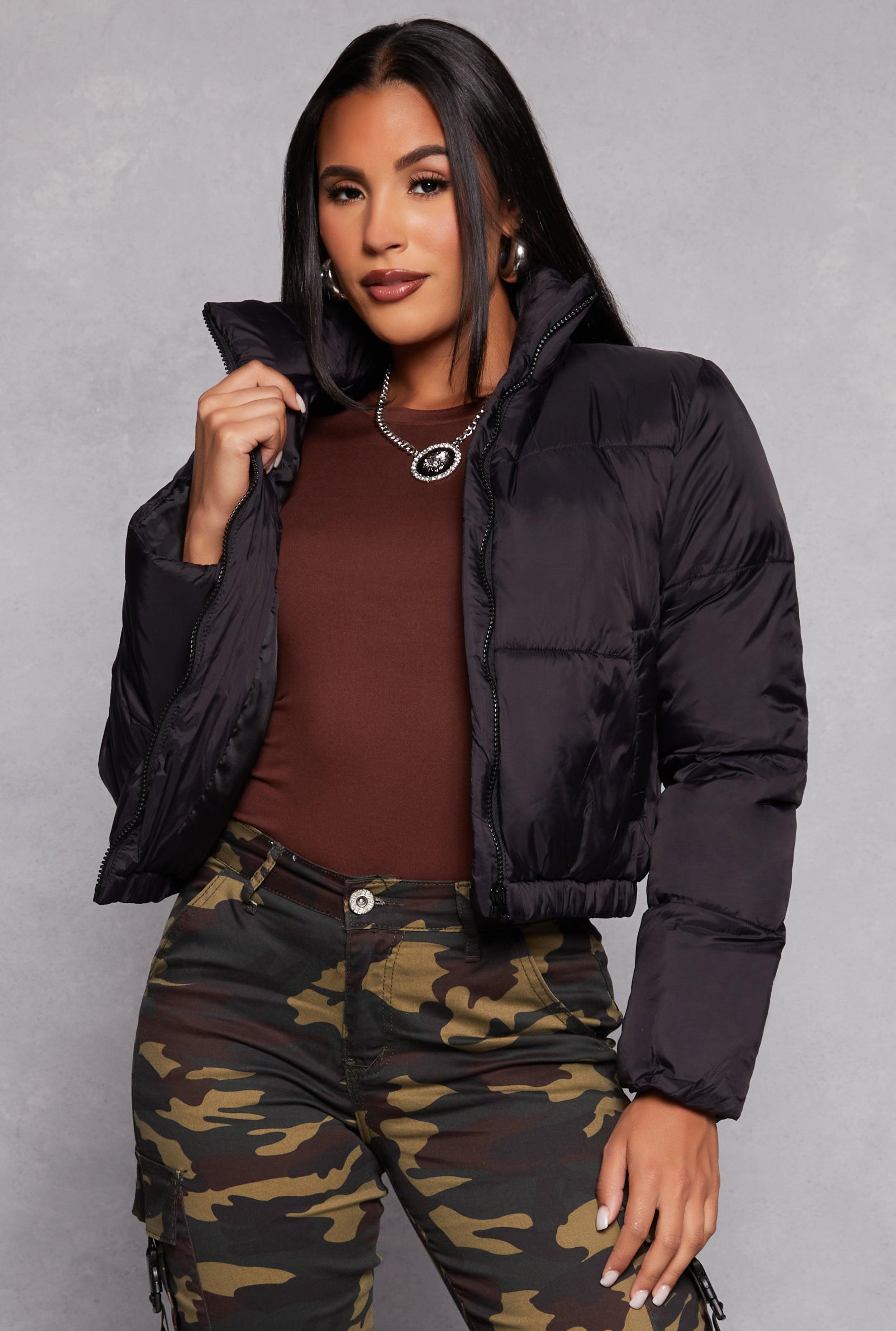 Womens Nylon Zip Front Cropped Puffer Jacket Product Image