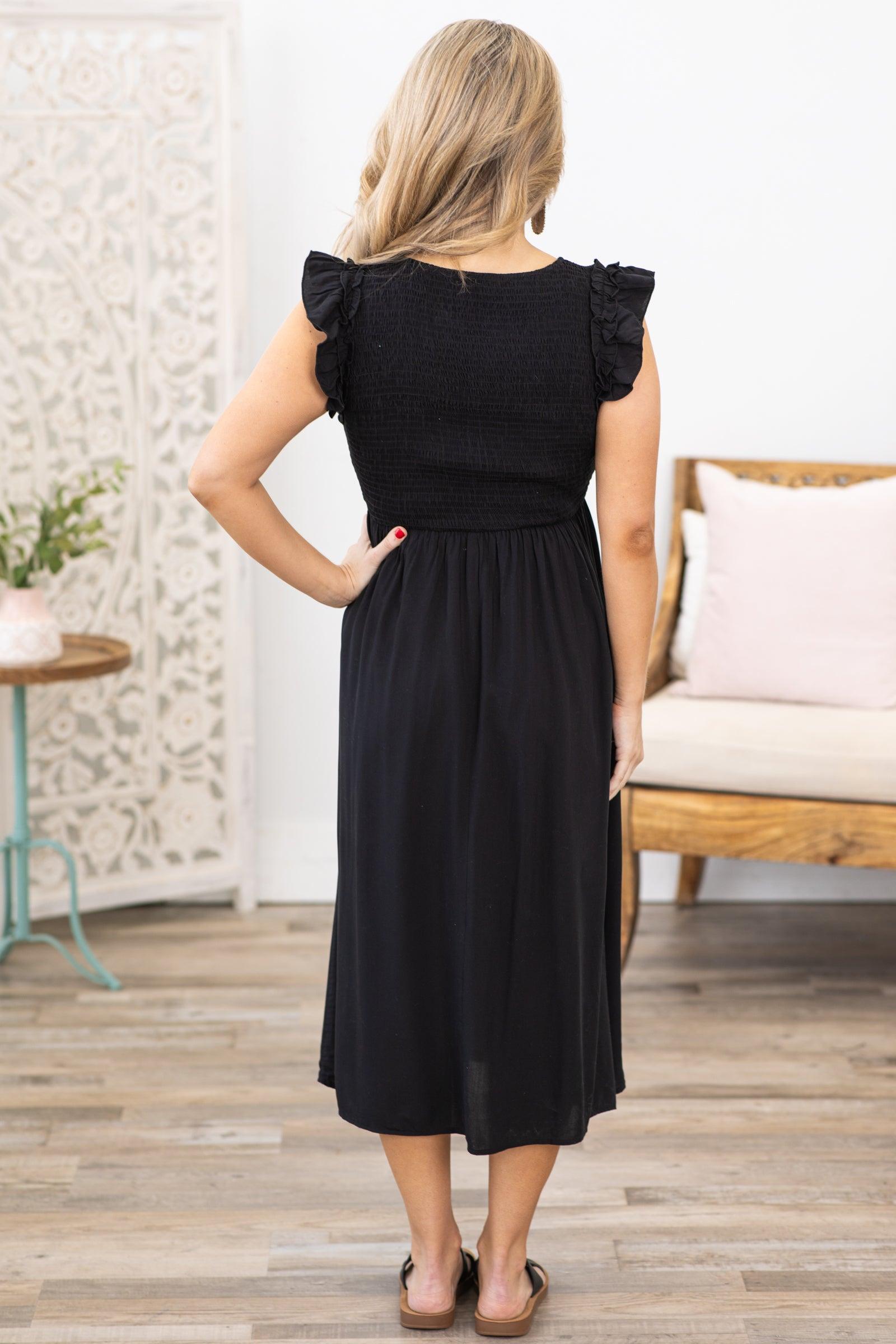 Black Smocked V-Neck Midi Dress Product Image