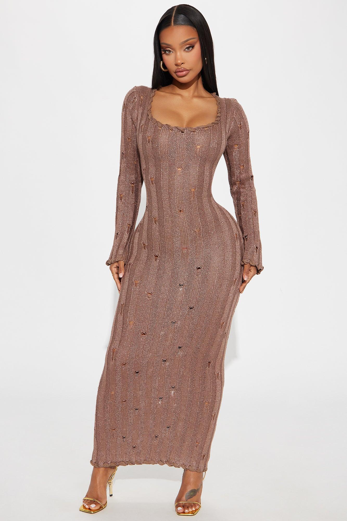 Heidi Distressed Sweater Maxi Dress - Mocha Product Image