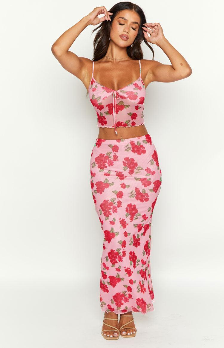 Emz Pink Floral Mesh Midi Skirt Product Image