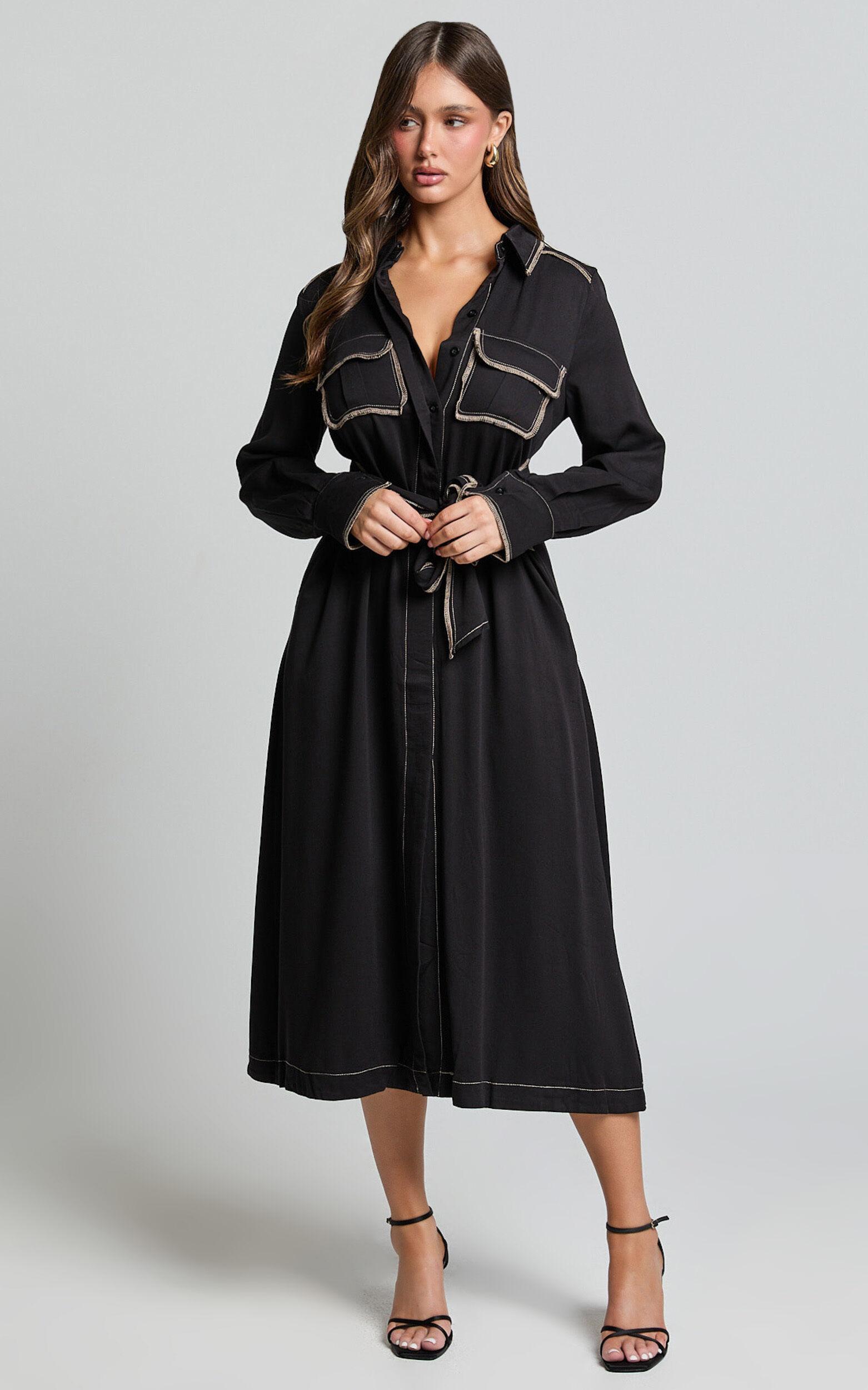 Ally Midi Dress - Collared Button Through Long Sleeve Tie Dress in Black Product Image