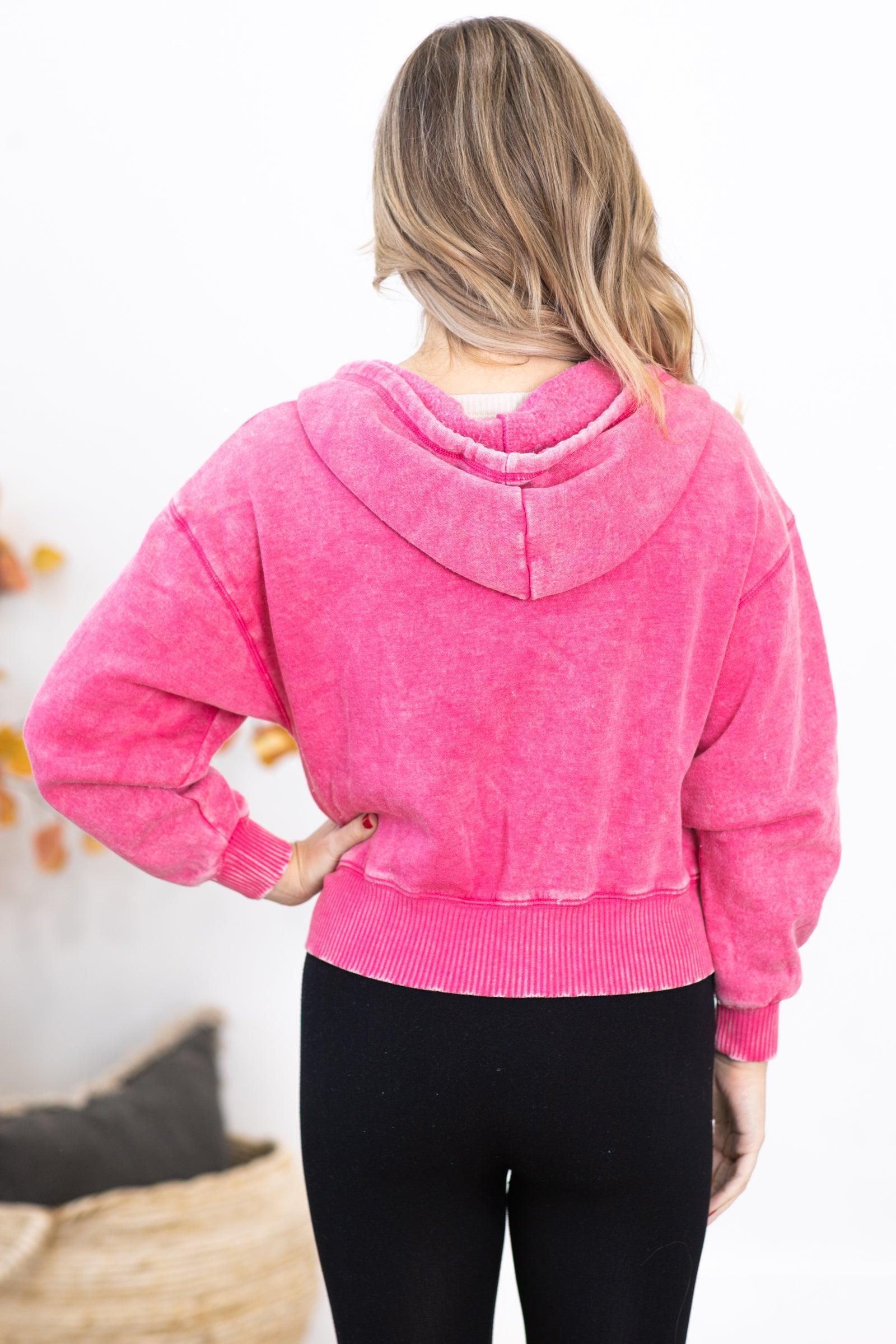 Hot Pink Washed Fleece Full Zip Hoodie Product Image