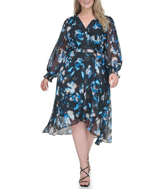 DKNY by Donna Karan Plus Size Long Smocked Sleeves V-Neck High/Low Faux Wrap Dress Product Image