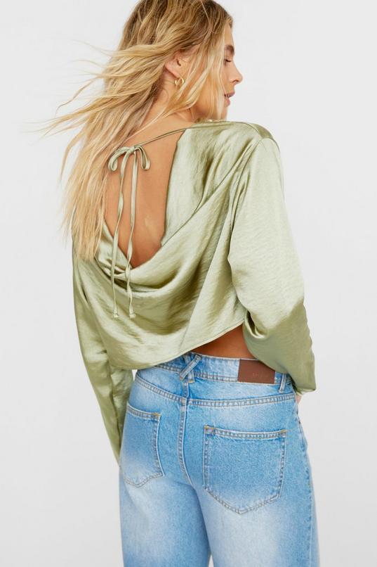 Cowl Back Textured Satin Long Sleeve Crop Top Product Image