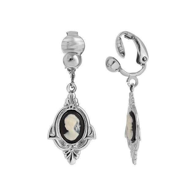 1928 Silver-Tone Cameo Clip On Earrings, Womens, Black Product Image