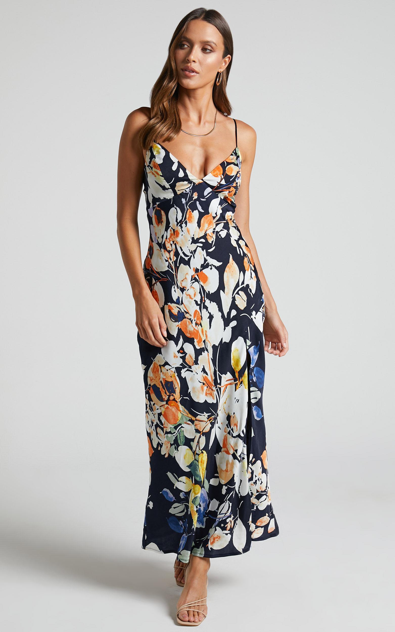 Jarrah Midi Dress - V Neck Thigh Split Slip Dress in Navy Floral Product Image