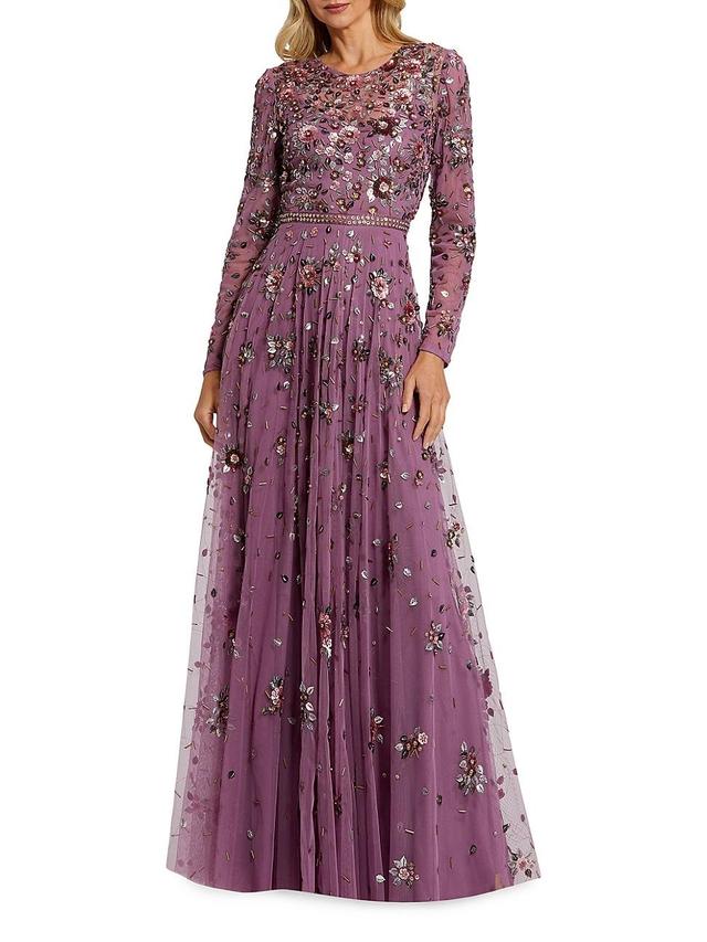 Womens Floral Embellished Tulle A-Line Gown Product Image