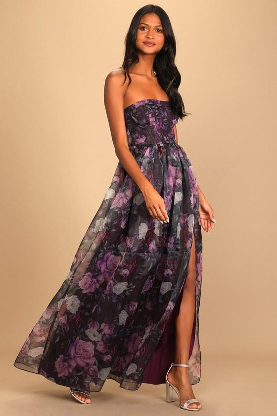 Wonderful Waltz Purple Floral Print Strapless Bustier Maxi Dress Product Image