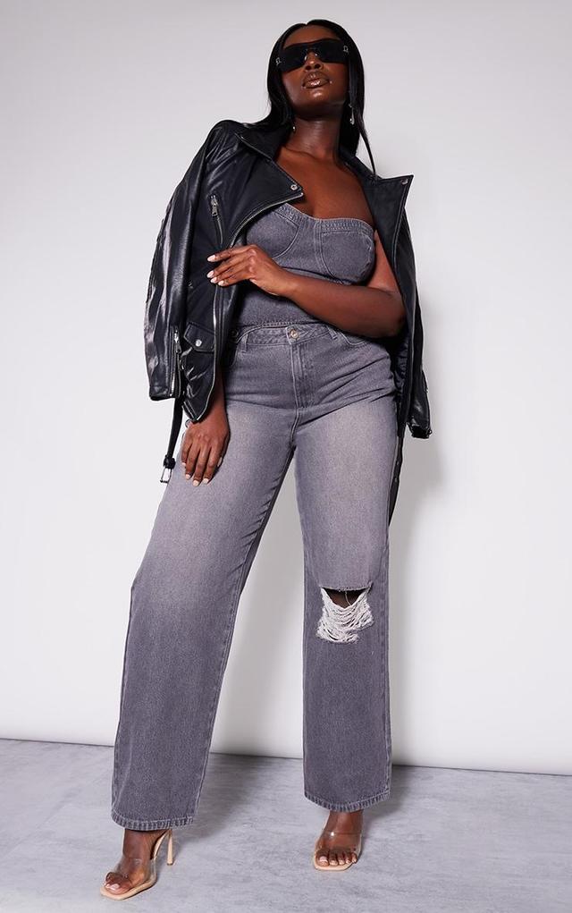 Plus Washed Grey Detachable Bandeau Denim Jumpsuit  Product Image